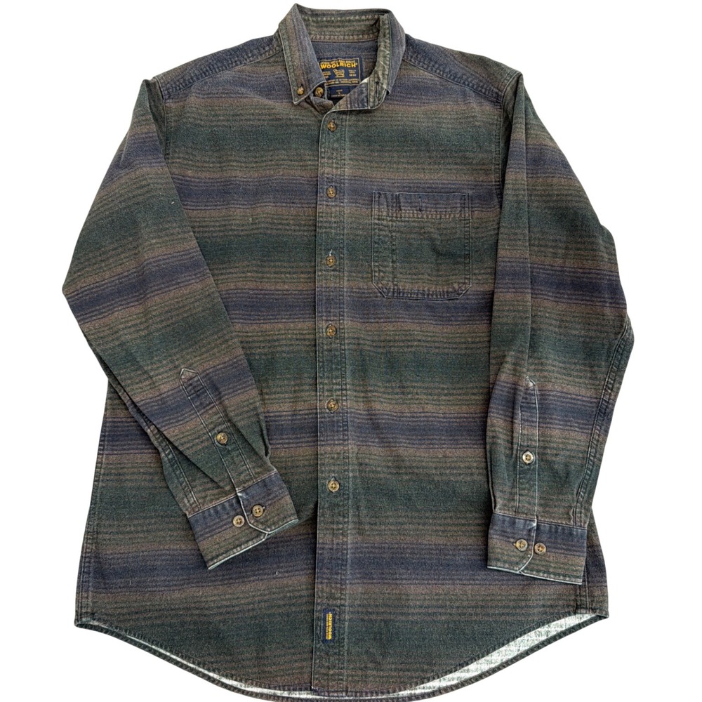Woolrich John Rich & Bros Mens Large Striped Flannel Button Down Shirt Green